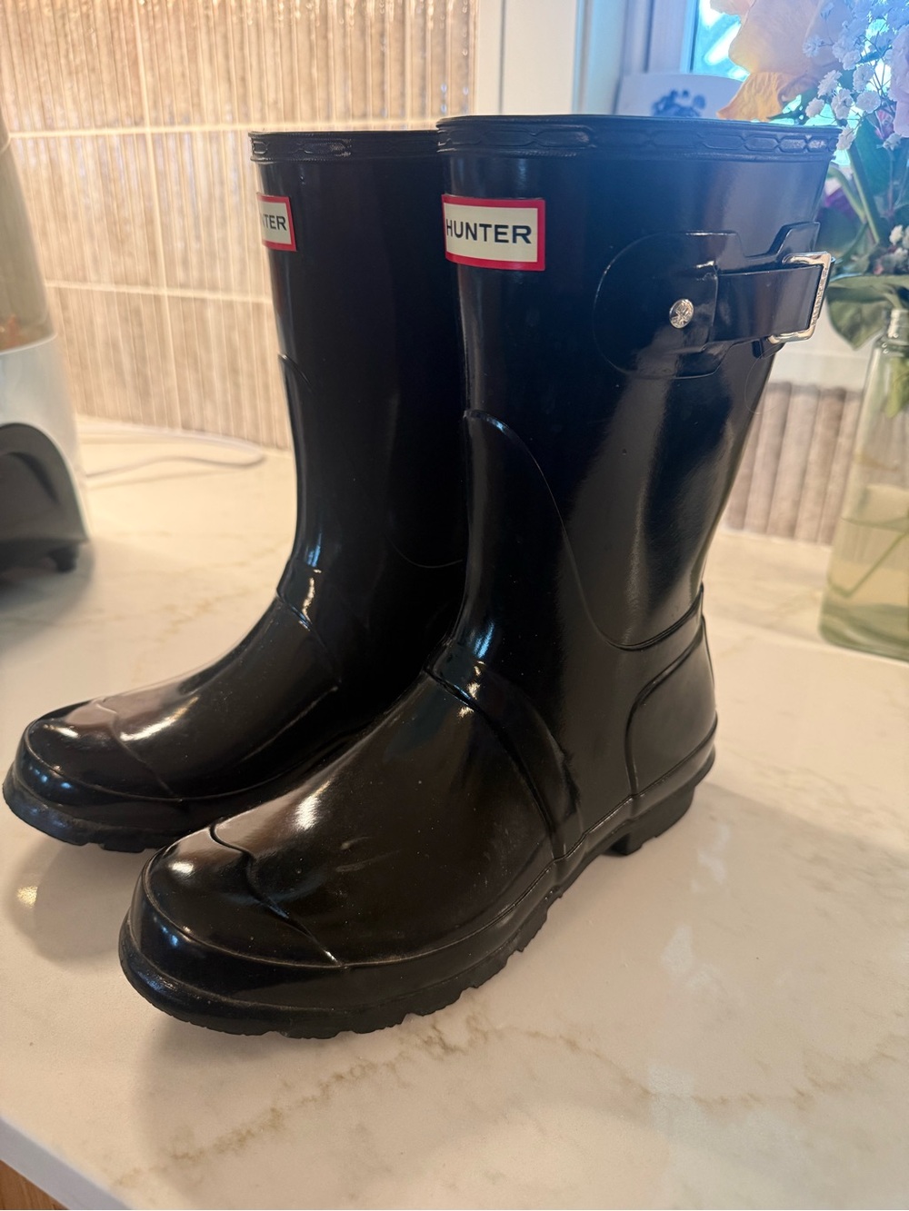 Hunter Women’s Black Gloss Rain Boots with Buckle